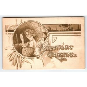 Vintage 1910 Halloween Greeting Postcard with Spider Web Candle and Pumpkin
